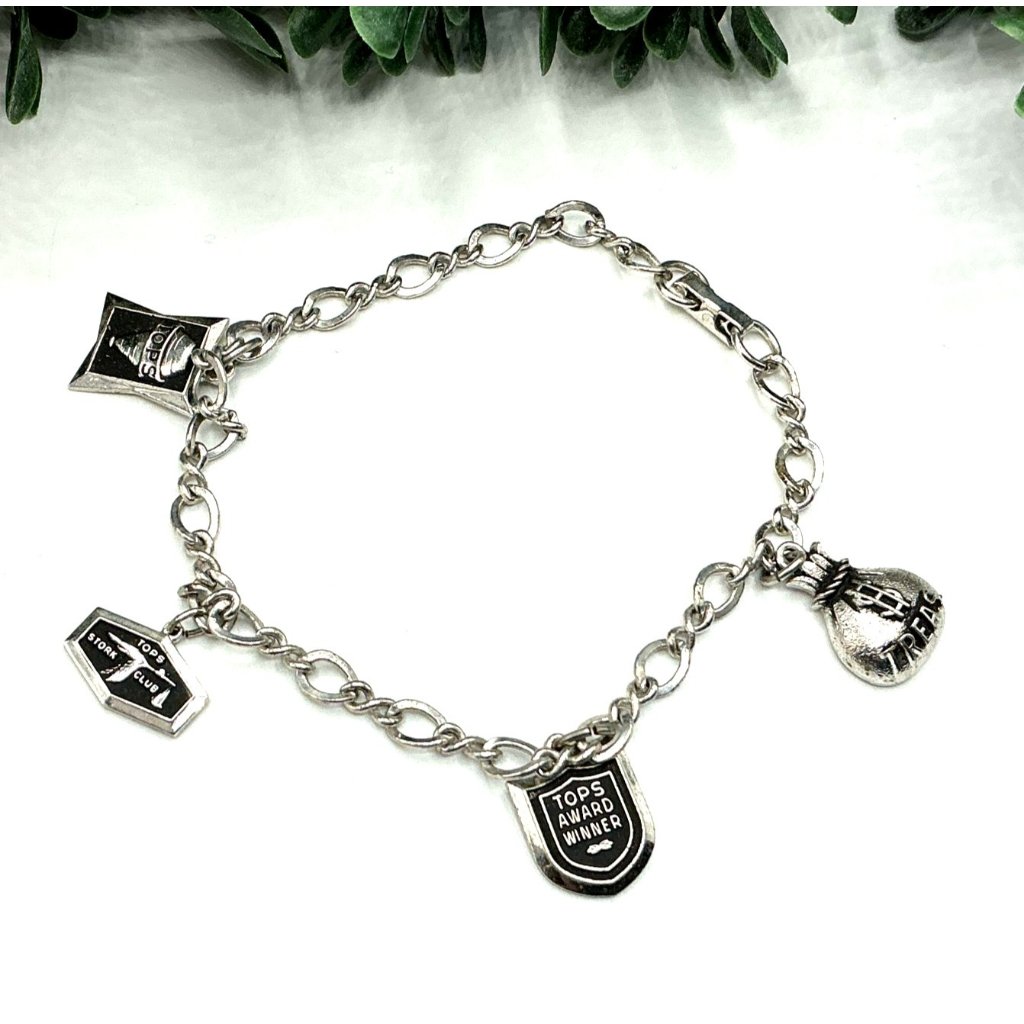 Vintage Silver Tone Tops Club Charm Bracelet With 4 Unique Charms Including Awar